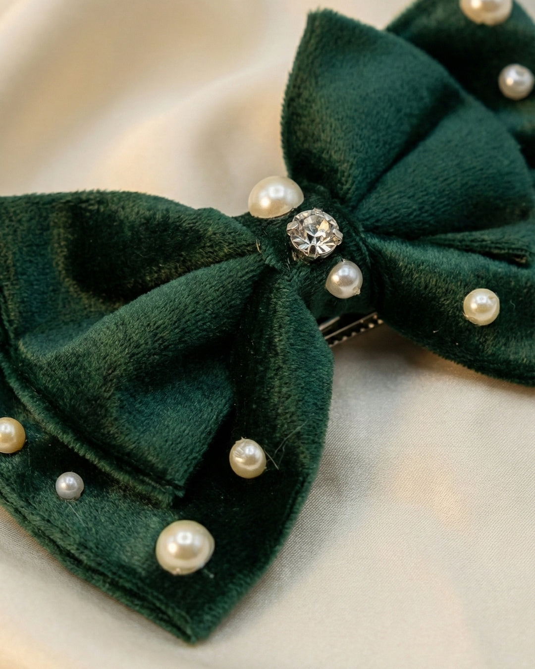 Green Velvet Luxe Solid Embellished Hair Bow Clip