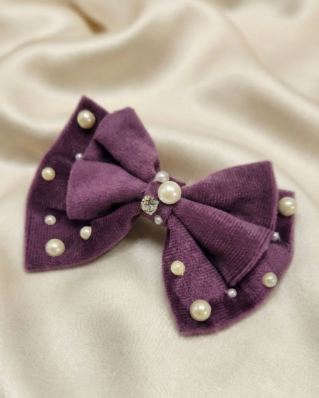 Purple Velvet Luxe Solid Embellished Hair Bow Clip