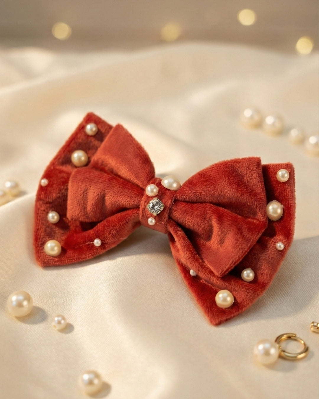 Red Velvet Luxe Solid Embellished Hair Bow Clip