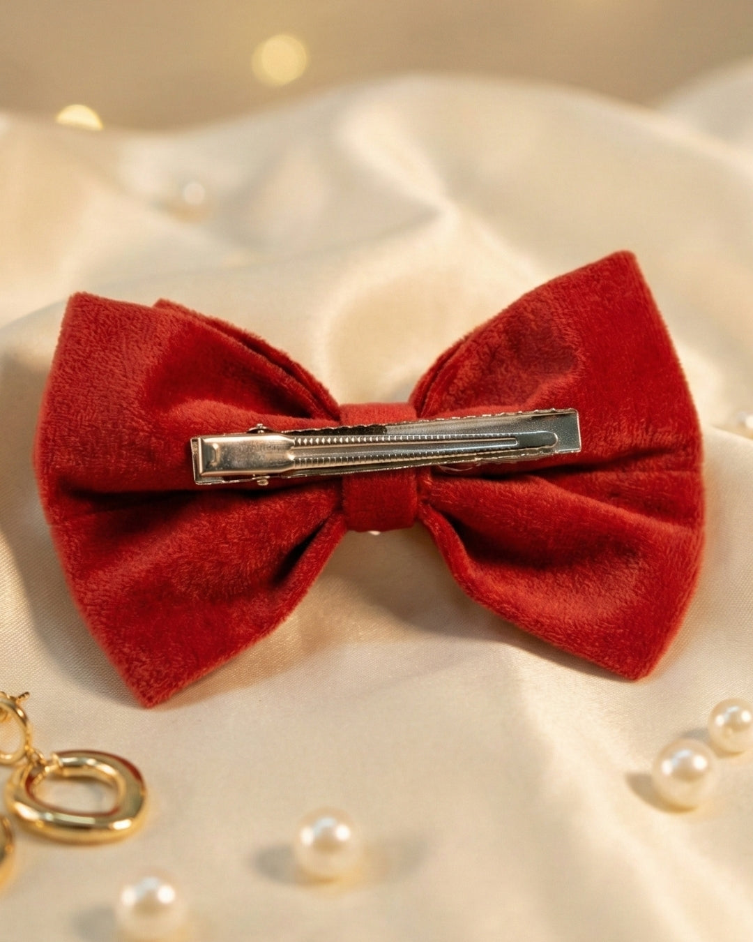 Red Velvet Luxe Solid Embellished Hair Bow Clip