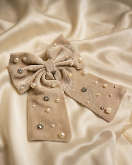 Beige Velvet Luxe Solid Embellished Hair Bow With Tail Clip