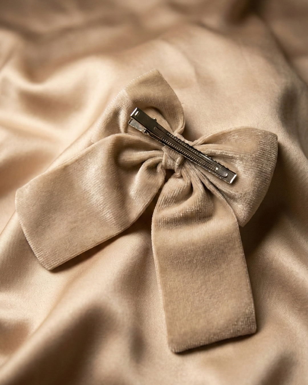Beige Velvet Luxe Solid Embellished Hair Bow With Tail Clip