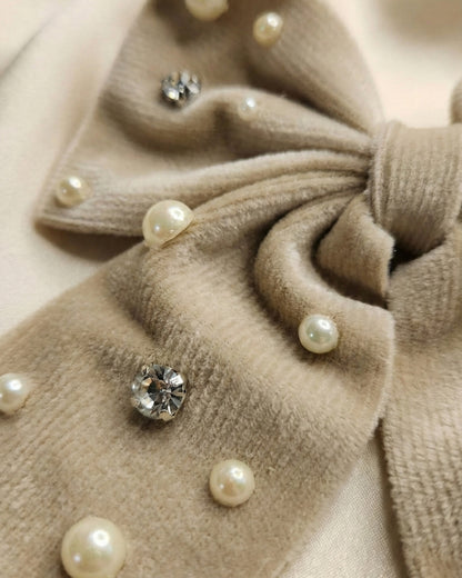 Beige Velvet Luxe Solid Embellished Hair Bow With Tail Clip
