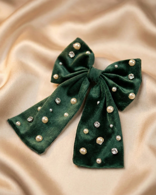 Green Velvet Luxe Solid Embellished Hair Bow With Tail Clip