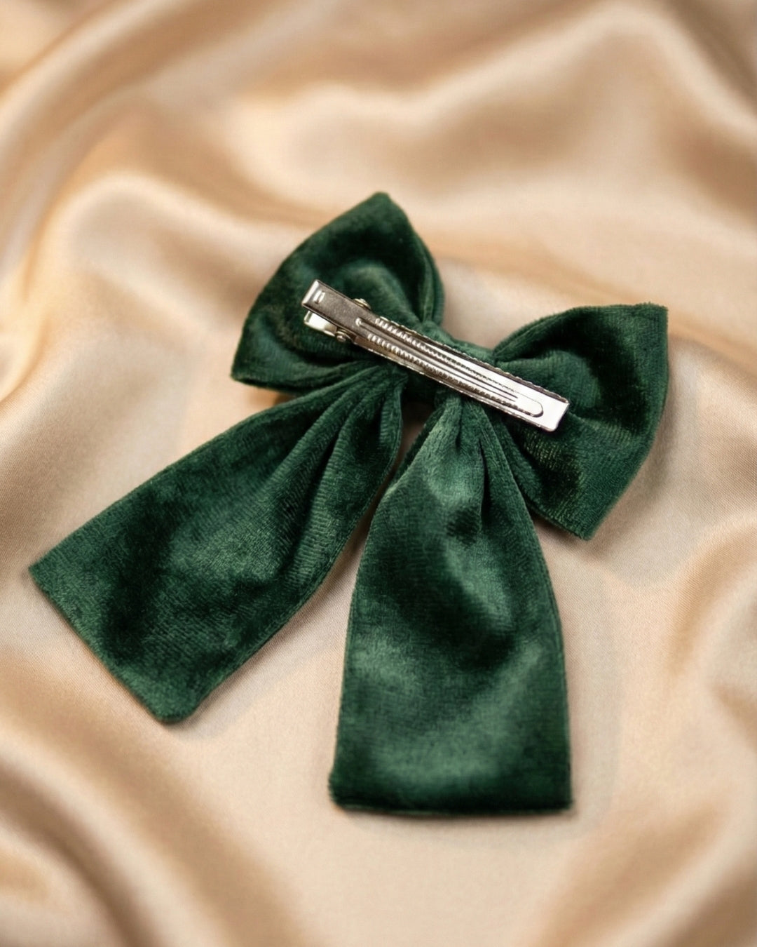Green Velvet Luxe Solid Embellished Hair Bow With Tail Clip