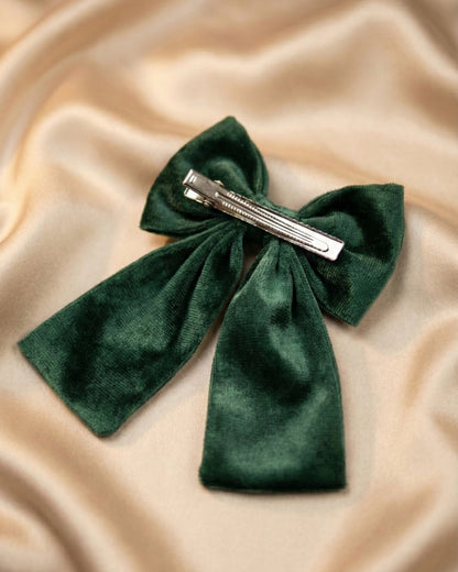 Green Velvet Luxe Solid Embellished Hair Bow With Tail Clip
