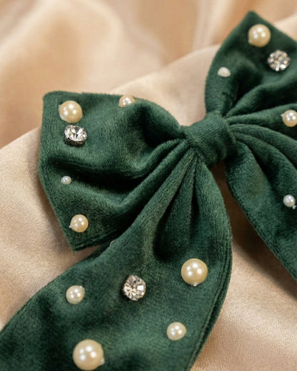Green Velvet Luxe Solid Embellished Hair Bow With Tail Clip