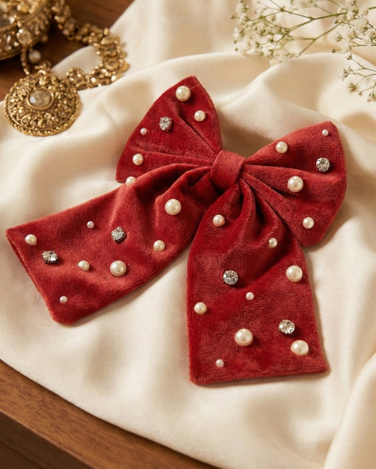 Red Velvet Luxe Solid Embellished Hair Bow With Tail Clip