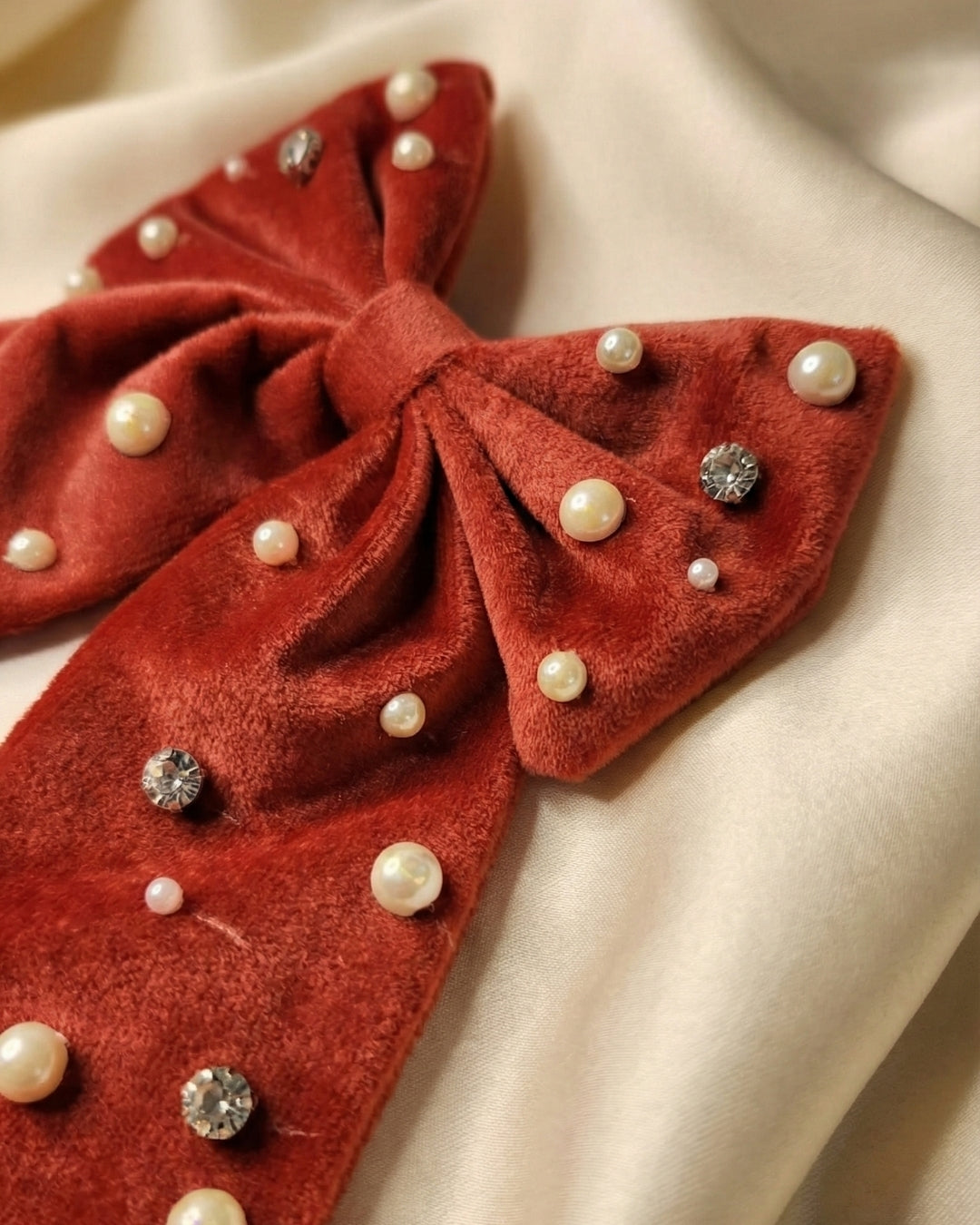 Red Velvet Luxe Solid Embellished Hair Bow With Tail Clip