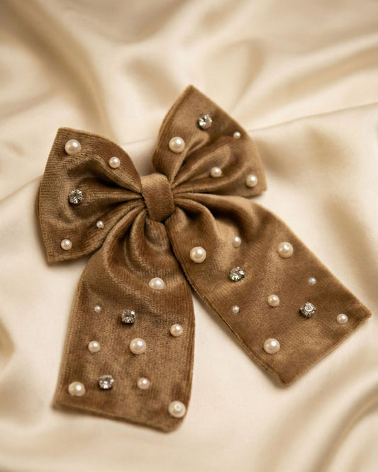 Brown Velvet Luxe Solid Embellished Hair Bow With Tail Clip
