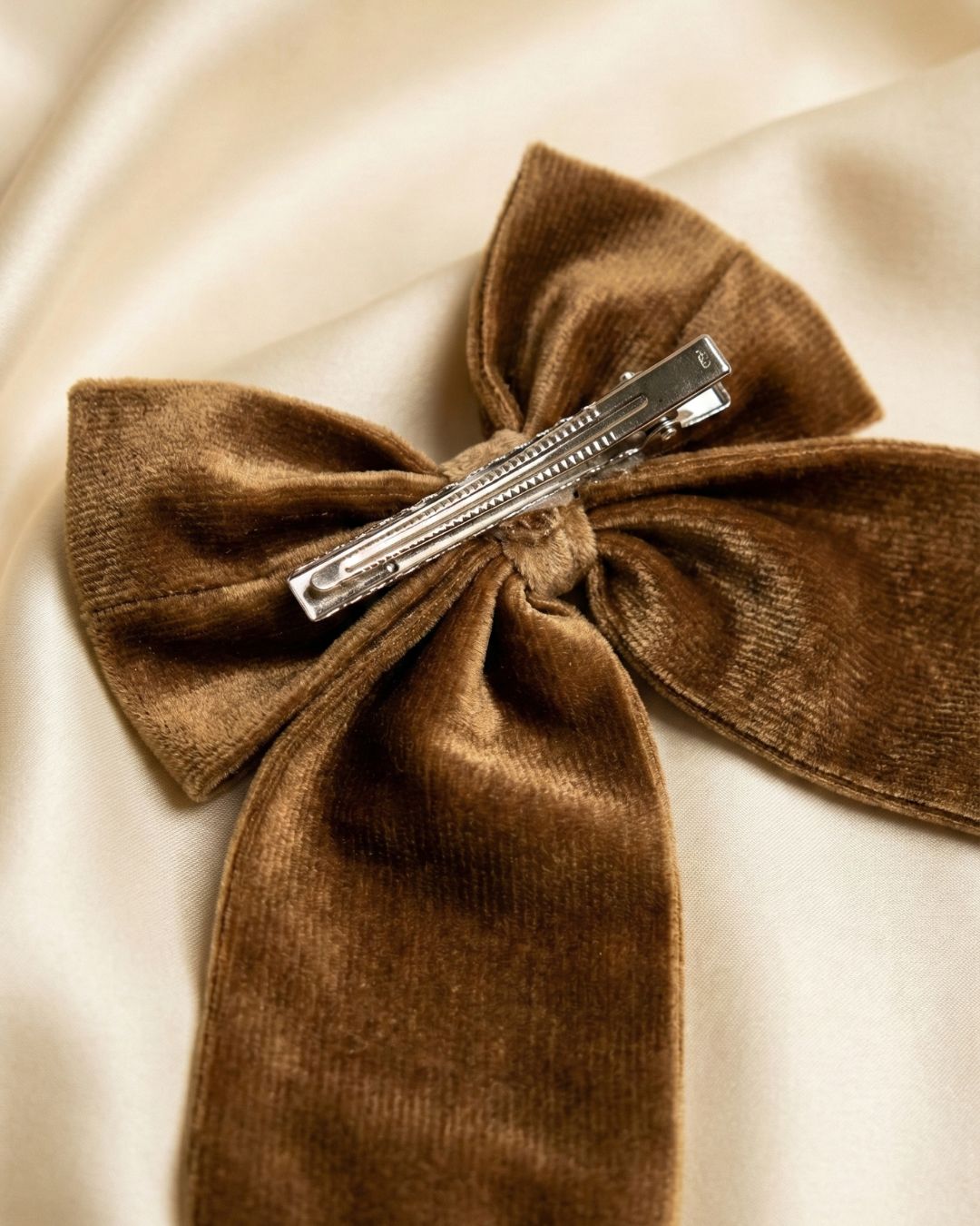 Brown Velvet Luxe Solid Embellished Hair Bow With Tail Clip