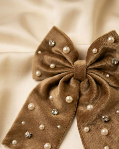 Brown Velvet Luxe Solid Embellished Hair Bow With Tail Clip