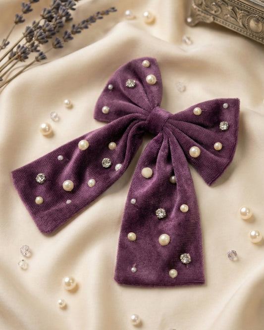 Purple Velvet Luxe Solid Embellished Hair Bow With Tail Clip