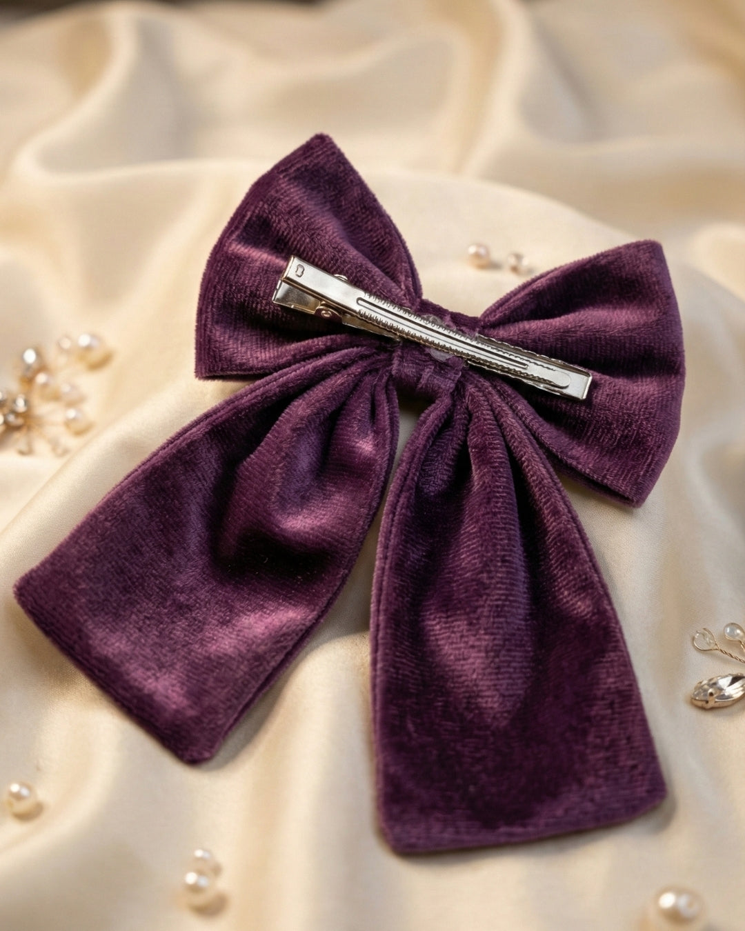 Purple Velvet Luxe Solid Embellished Hair Bow With Tail Clip