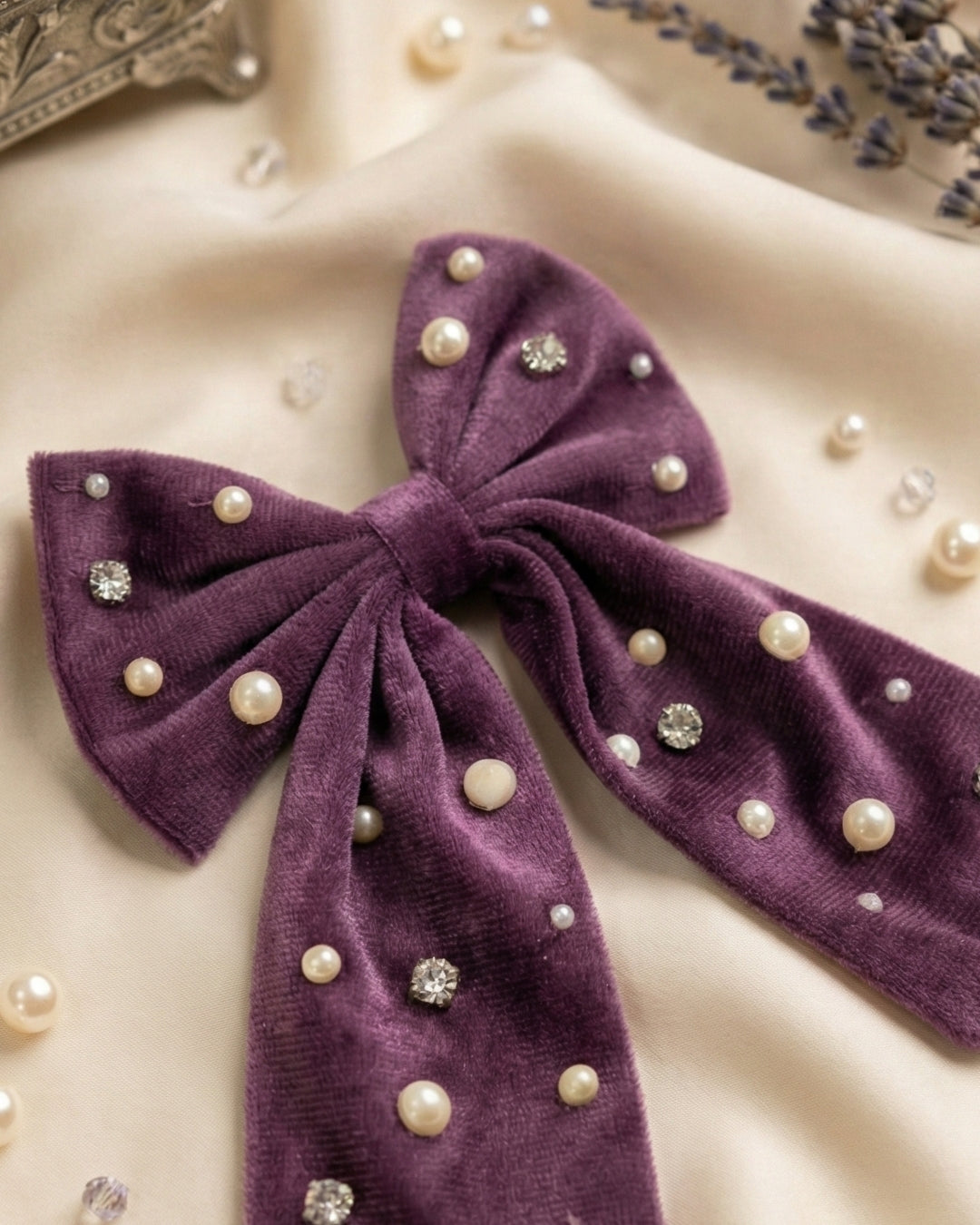 Purple Velvet Luxe Solid Embellished Hair Bow With Tail Clip
