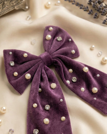 Purple Velvet Luxe Solid Embellished Hair Bow With Tail Clip