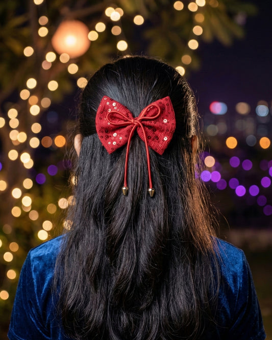 Shimmer Embellished Bow Alligator Hairclip - Red