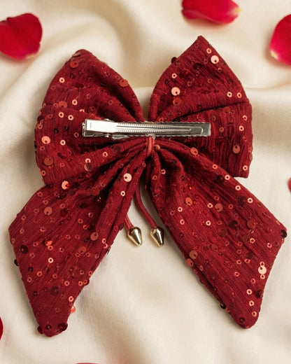 Red Shimmer Embellished Bow with Tail Alligator Hairclip