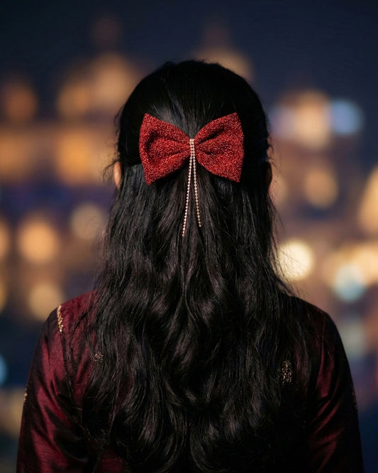 Red Shimmer Bow Alligator Hairclip with Embellishment