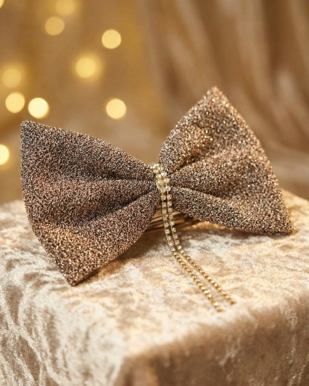 Beige Shimmer Bow Alligator Hairclip with Embellishment