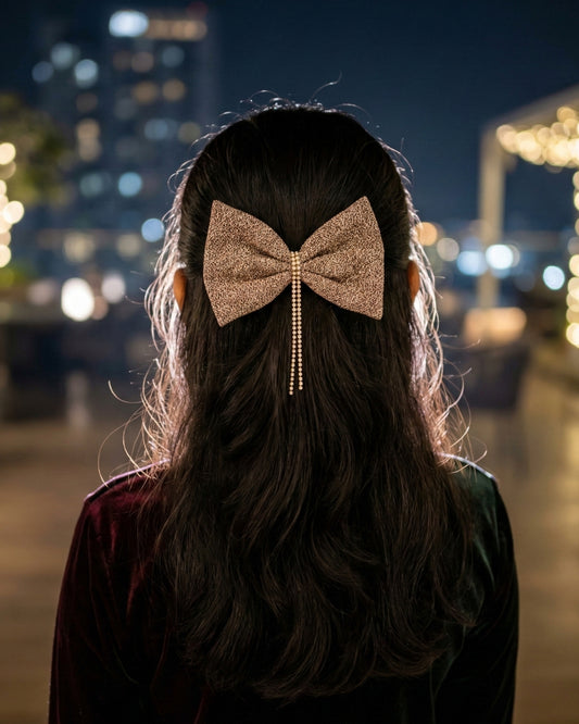 Beige Shimmer Bow Alligator Hairclip with Embellishment