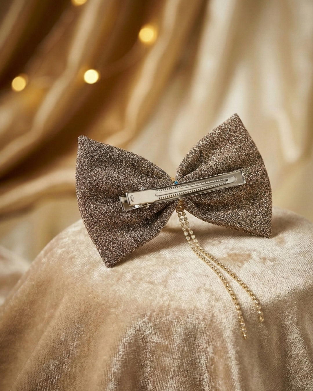 Beige Shimmer Bow Alligator Hairclip with Embellishment