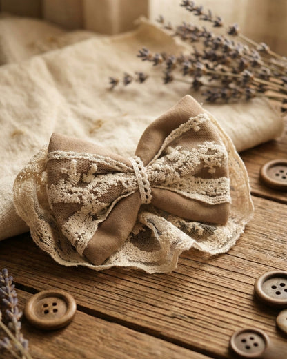 Beige Velvet & Lace Bow Alligator Hairclip