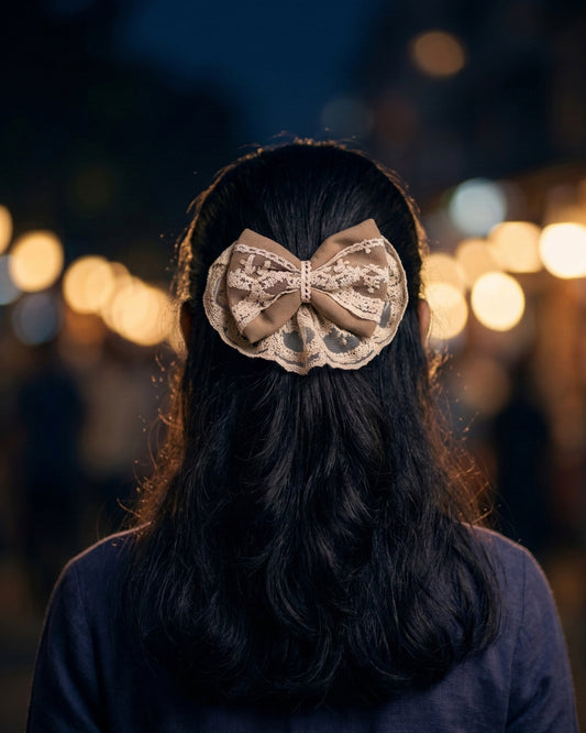 Beige Velvet & Lace Bow Alligator Hairclip