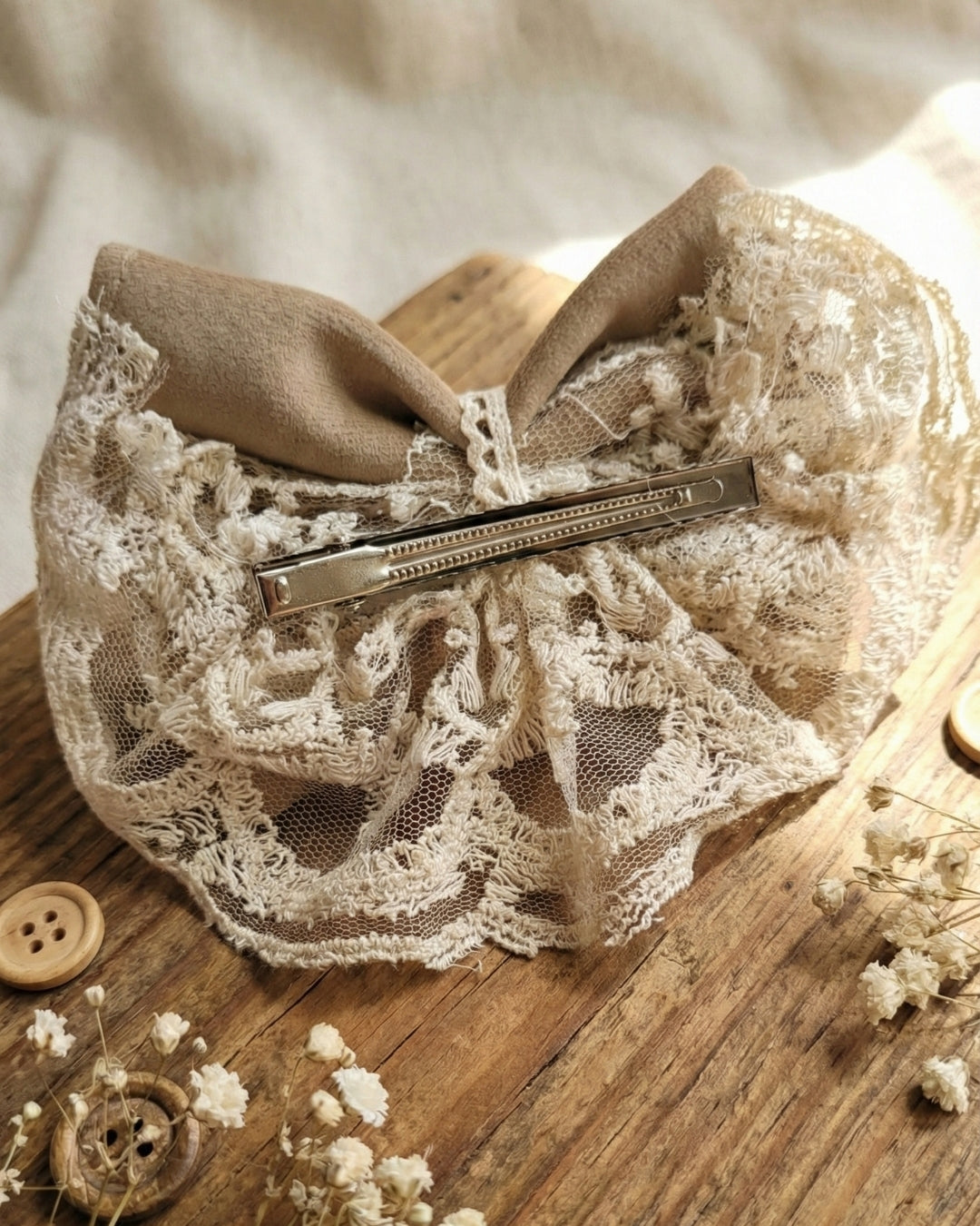 Beige Velvet & Lace Bow Alligator Hairclip
