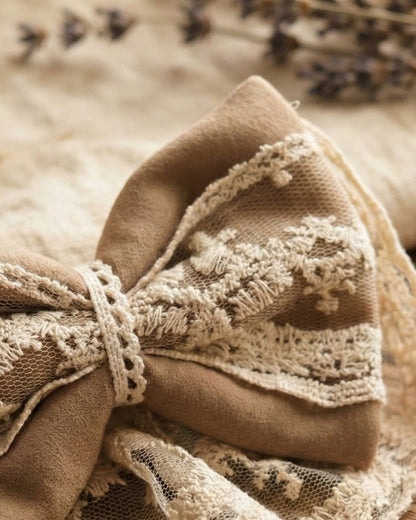Beige Velvet & Lace Bow Alligator Hairclip