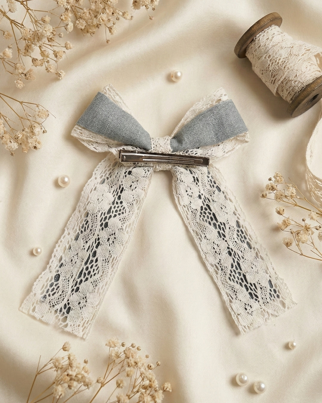 Blue Velvet & Lace Bow with Tail Alligator Hairclip