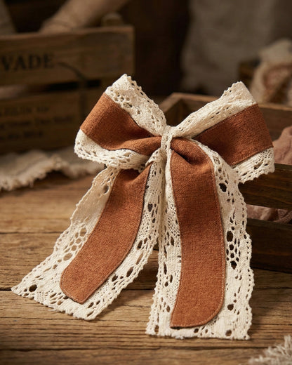 Mustard Brown Velvet & Lace Bow with Tail Alligator Hairclip