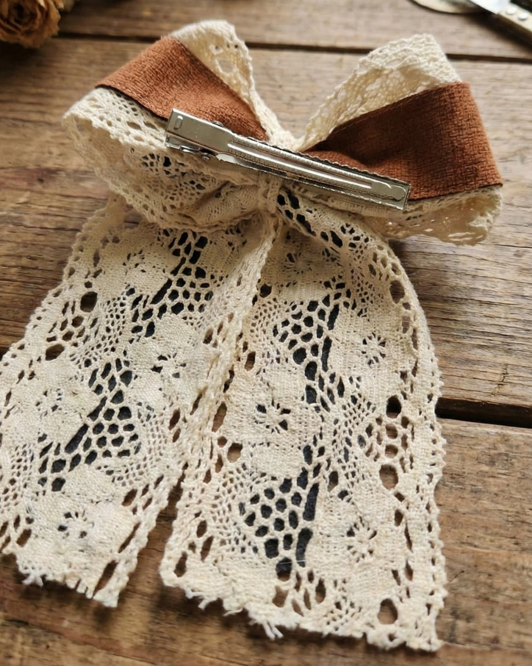 Mustard Brown Velvet & Lace Bow with Tail Alligator Hairclip