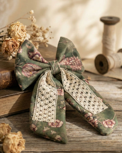Green Printed Velvet Bow with Tail Alligator Hairclip