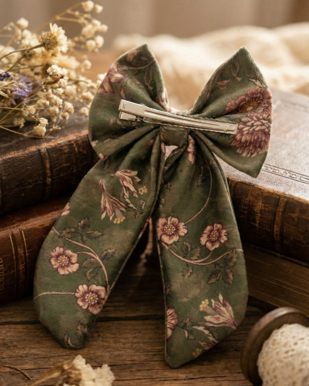 Green Printed Velvet Bow with Tail Alligator Hairclip