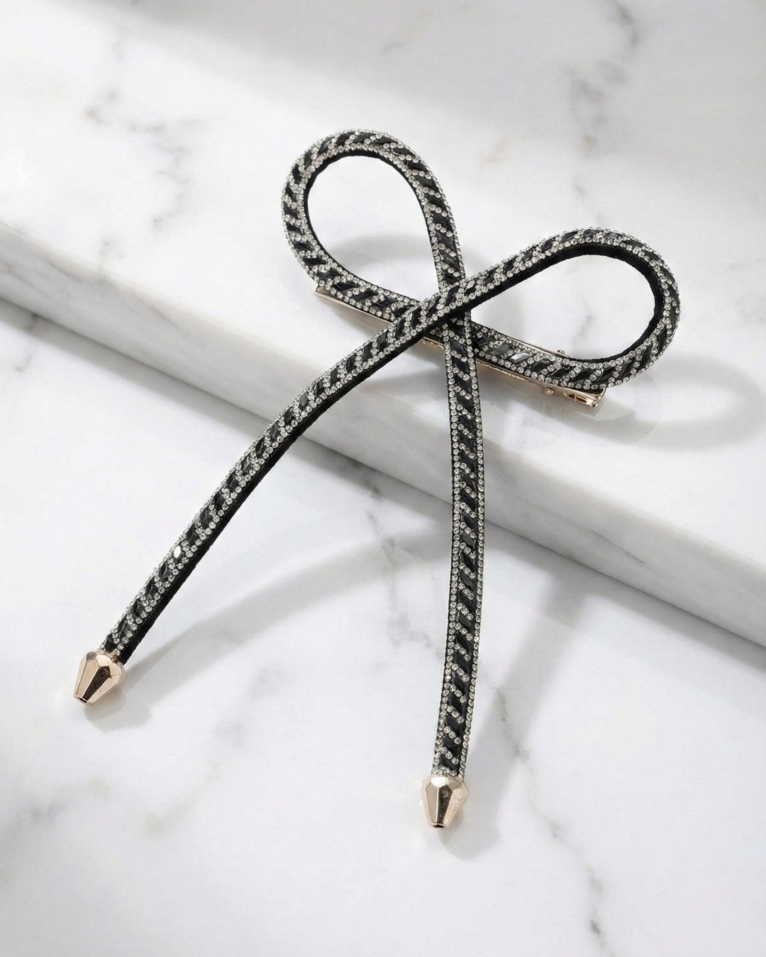 Black & Silver Crystal Hair Bow Barrette Clip
