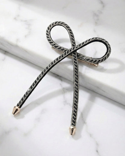 Black & Silver Crystal Hair Bow Barrette Clip