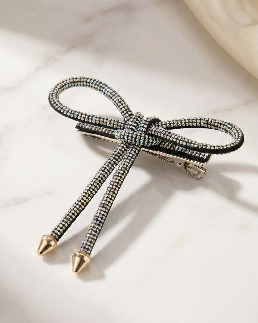 Black & Silver Crystal Hair Bow Barrette Clip