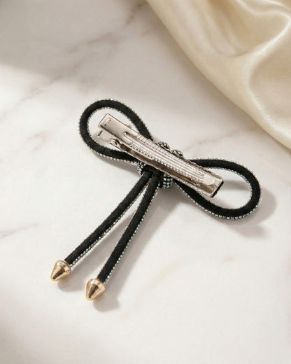Black & Silver Crystal Hair Bow Barrette Clip