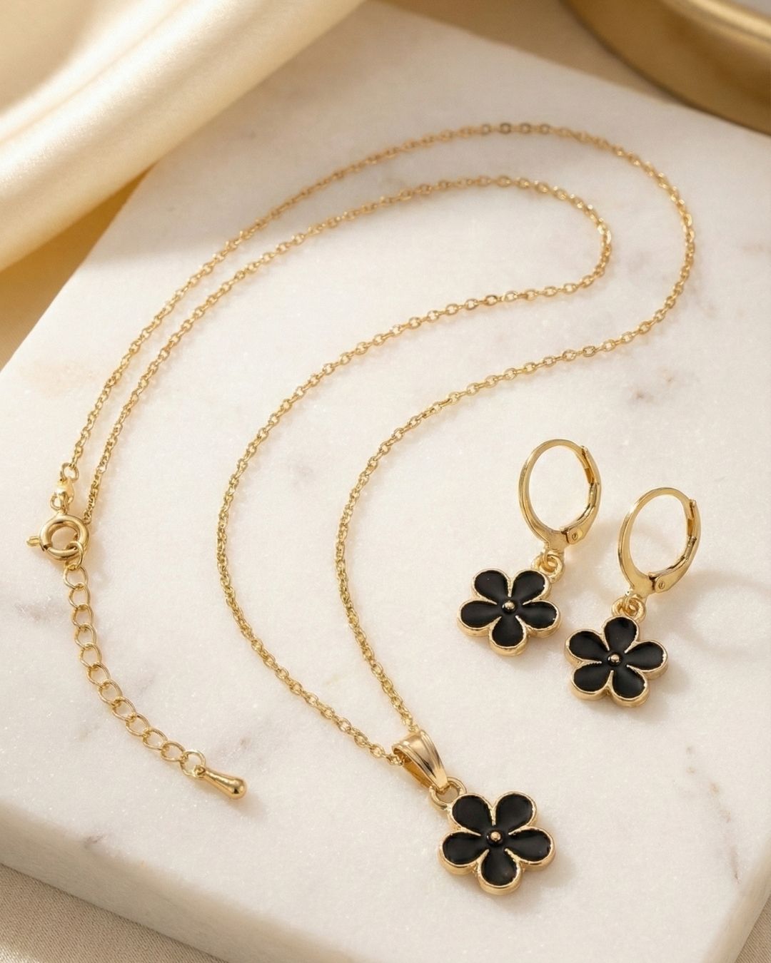 Cute Black Flower Pendant Necklace & Earrings Jewelry Set for Girls