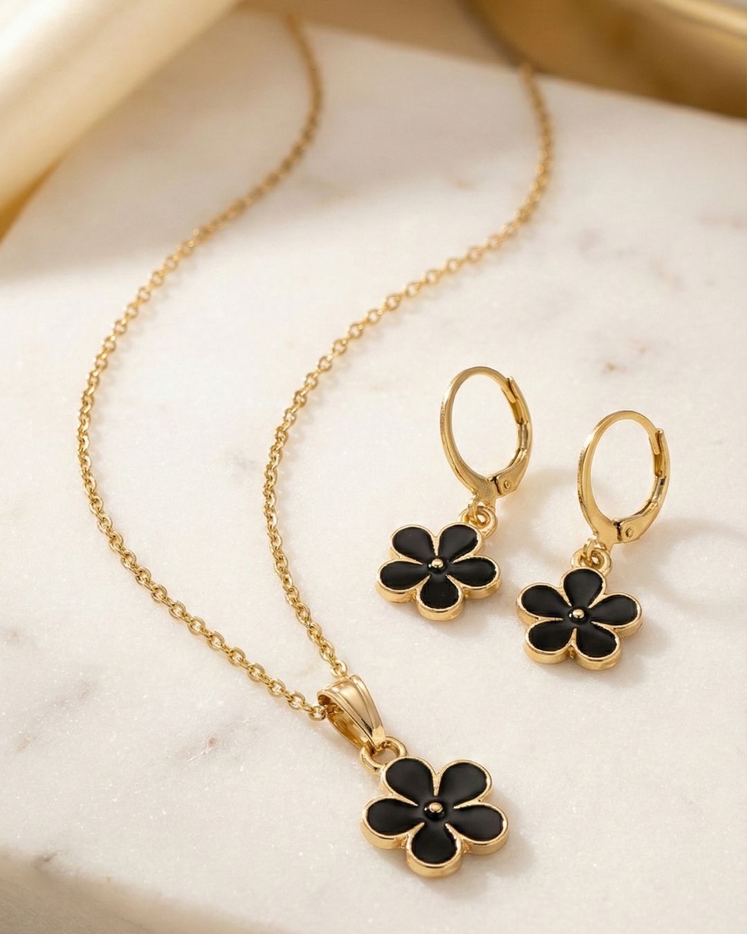 Cute Black Flower Pendant Necklace & Earrings Jewelry Set for Girls