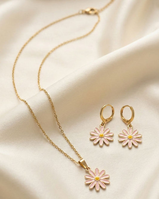 Playful Pink Flower Pendant Necklace & Earrings Jewelry Set for Girls