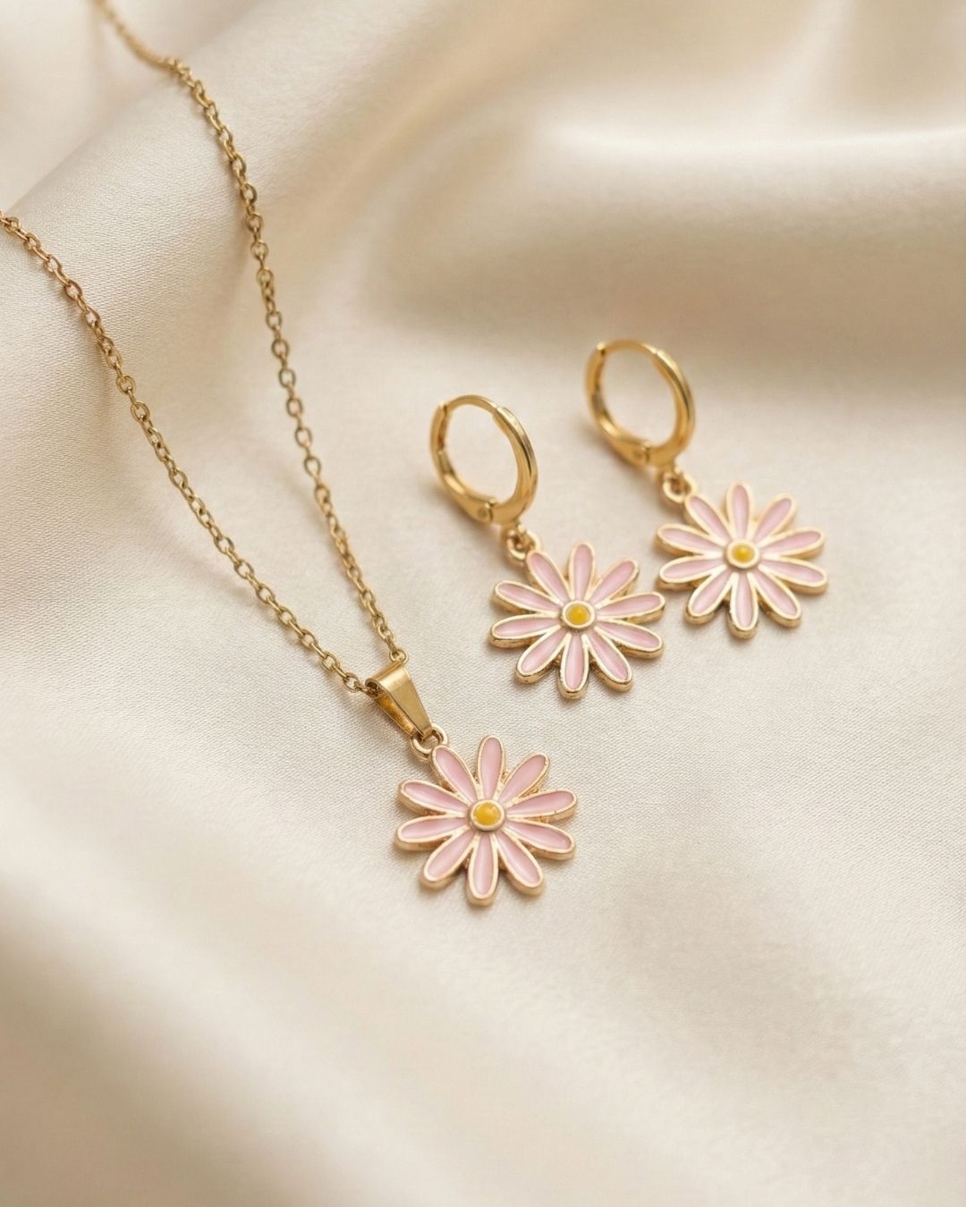 Playful Pink Flower Pendant Necklace & Earrings Jewelry Set for Girls