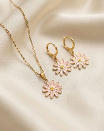Playful Pink Flower Pendant Necklace & Earrings Jewelry Set for Girls