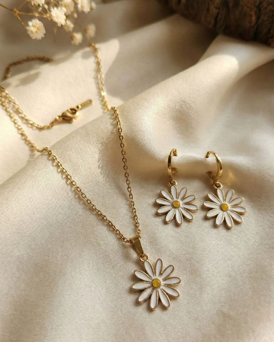 Elegant White Flower Pendant Necklace & Earrings Jewelry Set for Girls