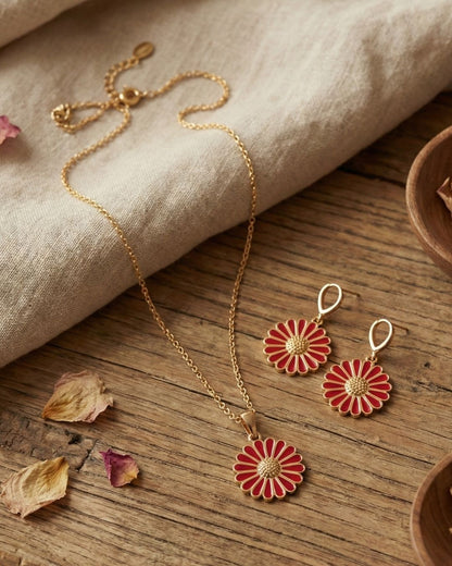 Chic Red Flower Pendant Necklace & Earrings Jewelry Set for Girls