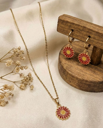 Chic Red Flower Pendant Necklace & Earrings Jewelry Set for Girls