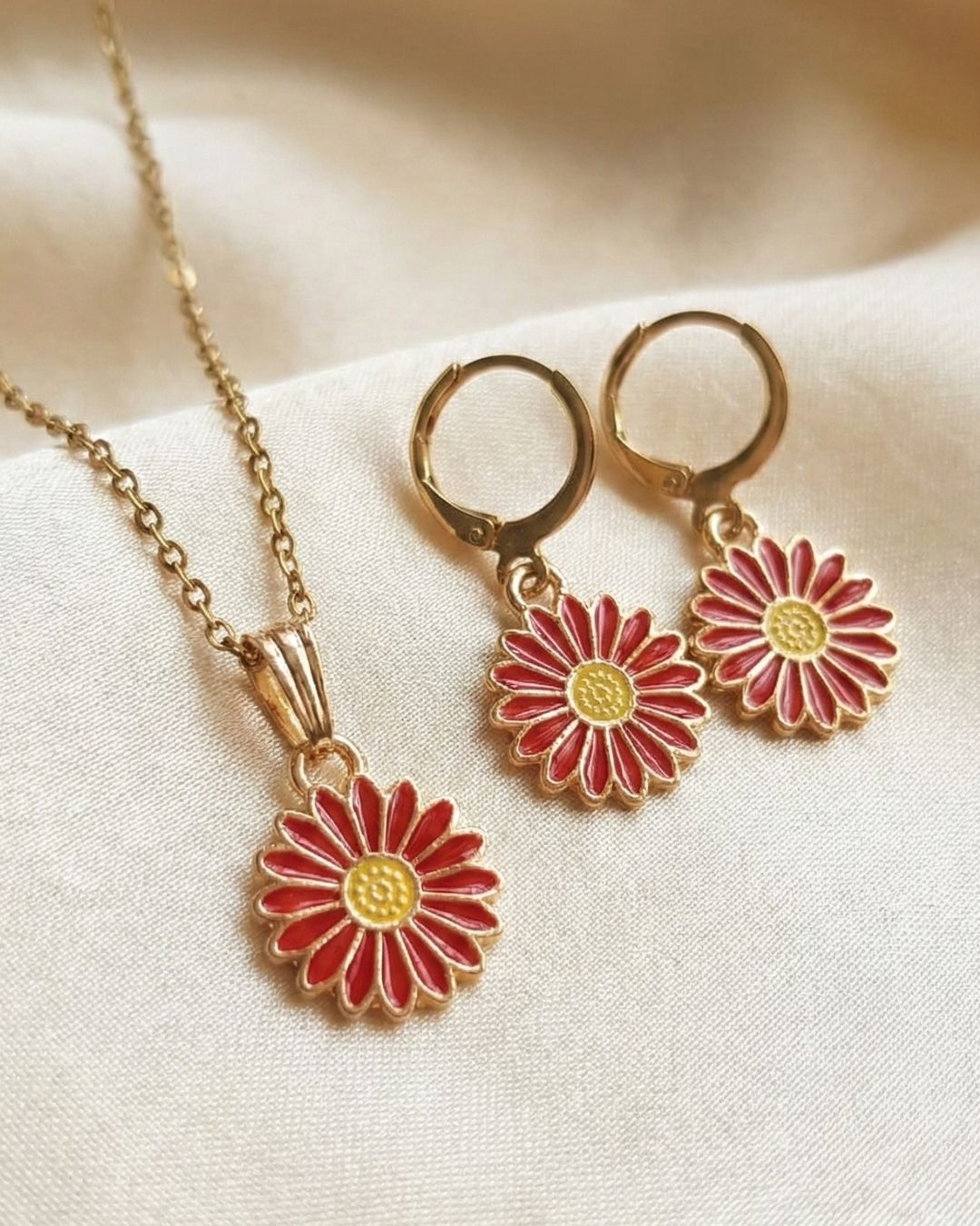 Chic Red Flower Pendant Necklace & Earrings Jewelry Set for Girls