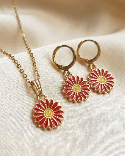 Chic Red Flower Pendant Necklace & Earrings Jewelry Set for Girls