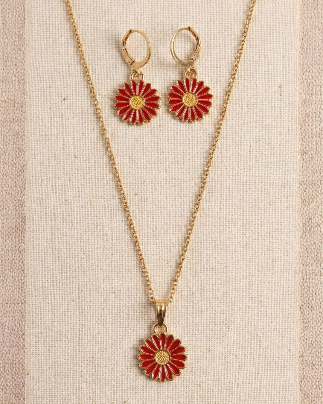 Chic Red Flower Pendant Necklace & Earrings Jewelry Set for Girls